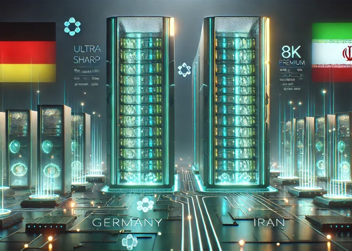 DALL·E 2025-09-11 21.44.45 - A hyper-realistic cinematic 3D render representing advanced web hosting flexibility, symbolizing powerful servers in Germany and Iran. The scene showc