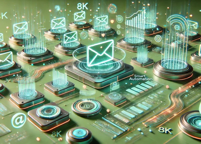 DALL·E 2025-09-11 21.54.06 - A hyper-realistic cinematic 3D render symbolizing advanced email marketing systems. The scene features futuristic glowing email icons and envelopes fl